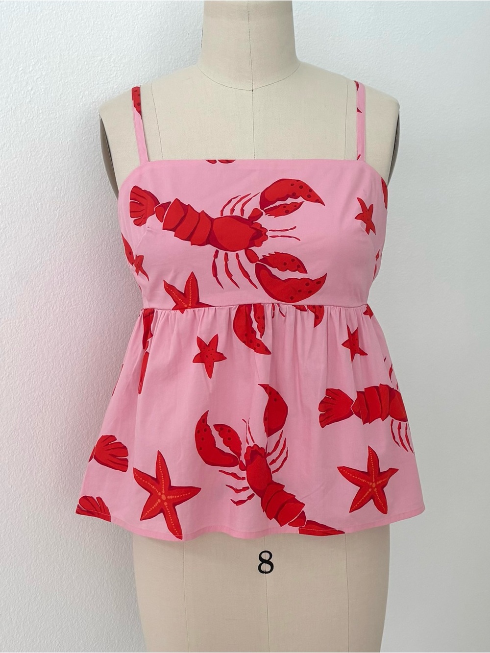 J Crew Lobster Print Camisole Top NWT Pink Red Tie-Back Babydoll Style 8
